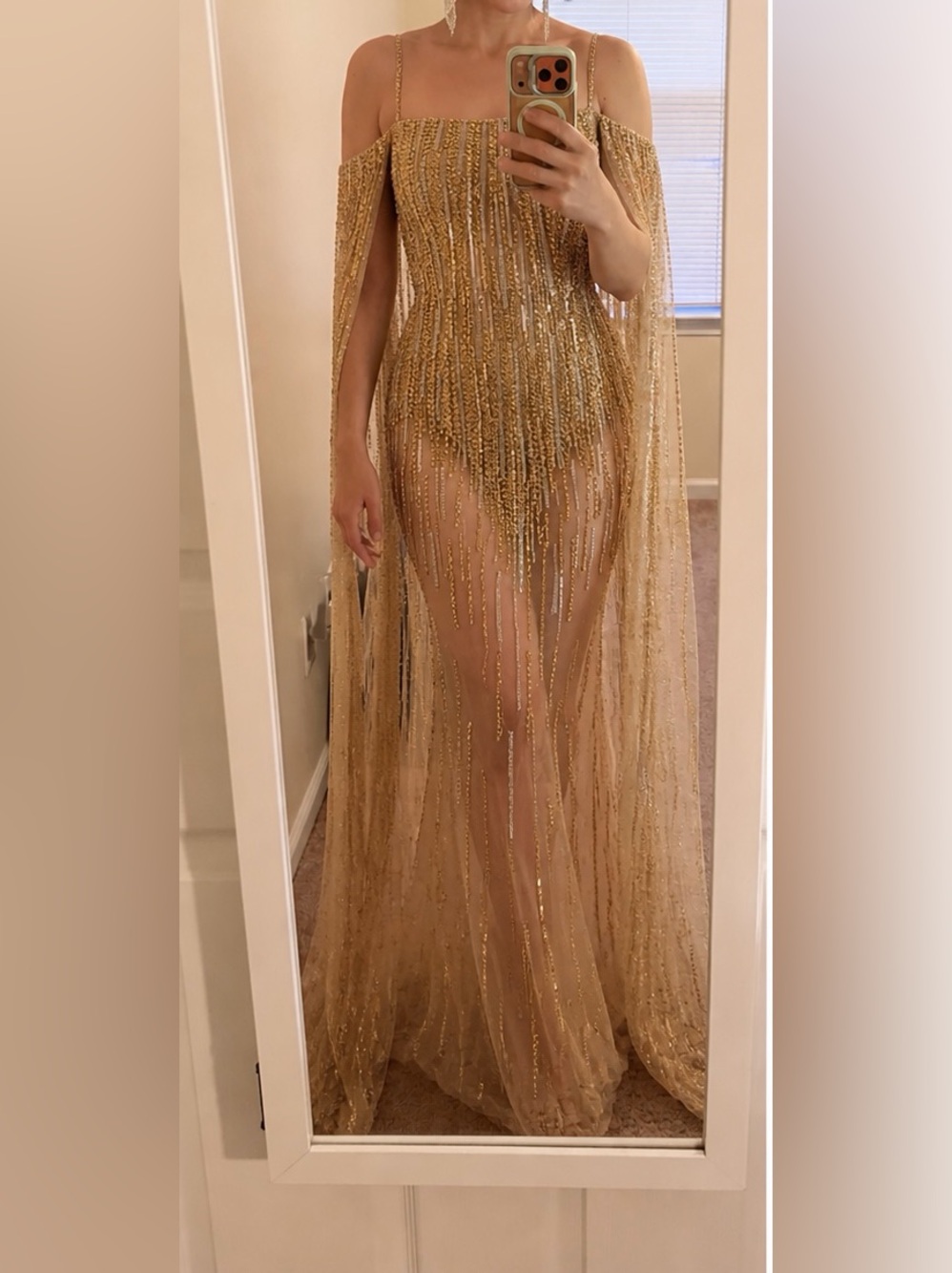 NWT, Jovani 26324A, SZ 0, Gold Beaded Sheer Cape Evening Gown - Picture 3 of 10
